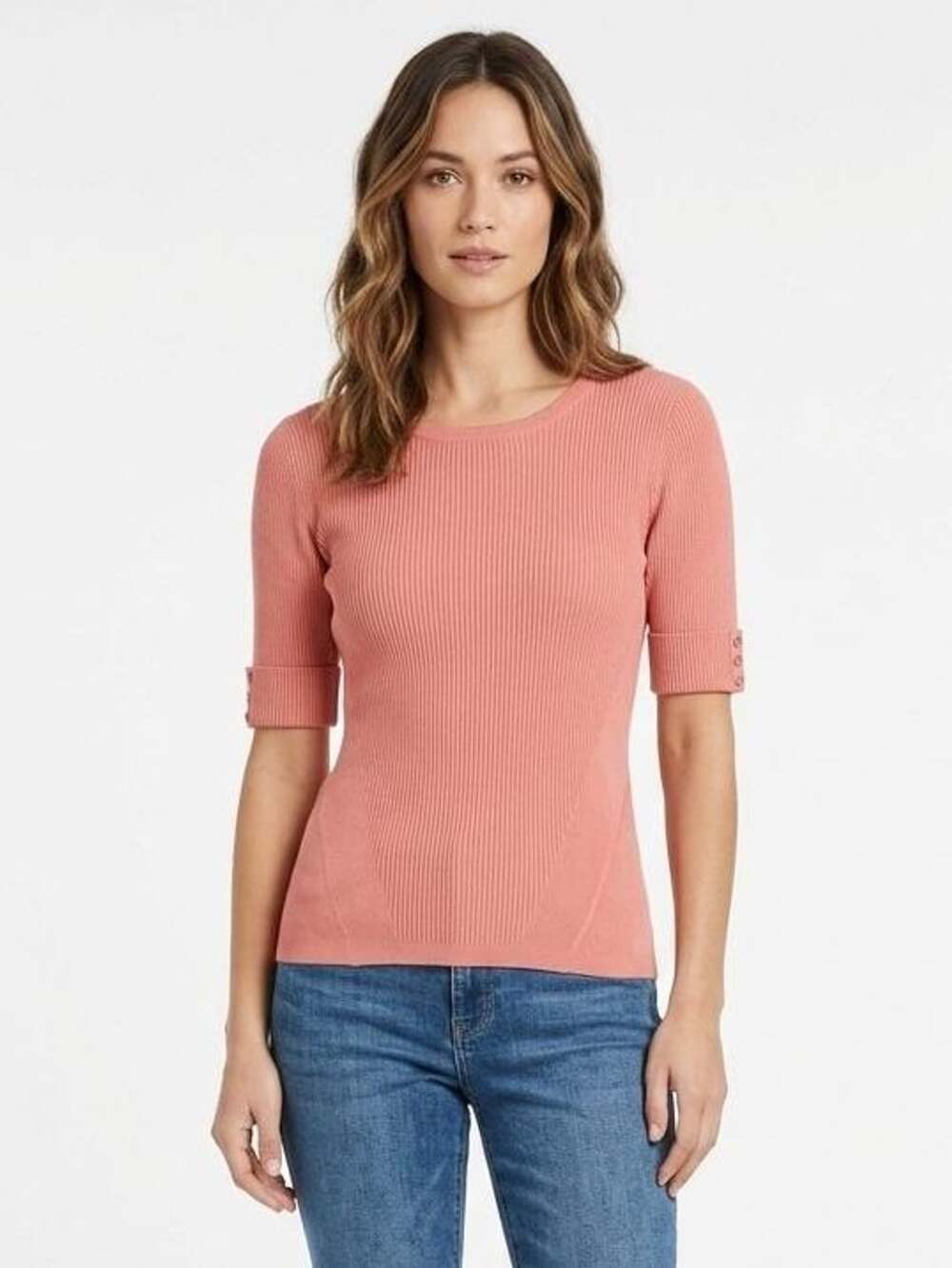 White House Black Market Ribbed Knit Short Sleeve Top Size S Pink